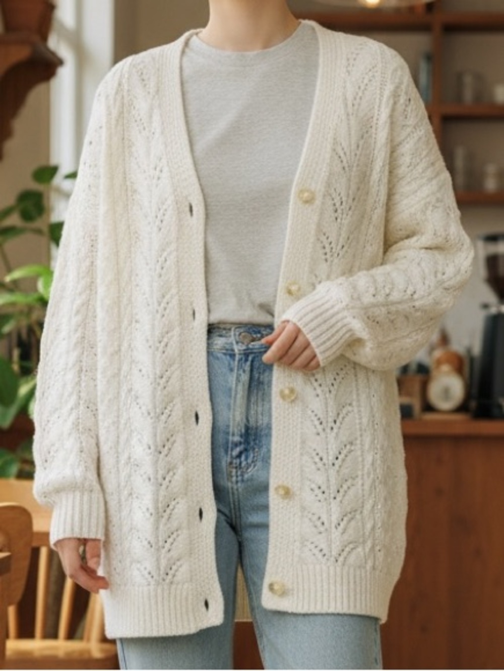 Vintage White Handmade Knit Coastal Button Up Long Cardigan Sweater Size XL